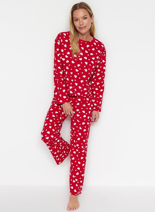 trendyol Red 100% Cotton Heart T-shirt-Pants Knitted Pajama Set - Image 3