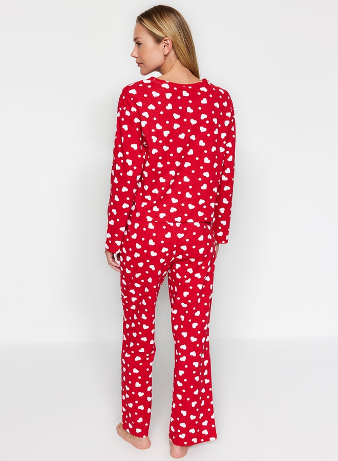 trendyol Red 100% Cotton Heart T-shirt-Pants Knitted Pajama Set - Image 5