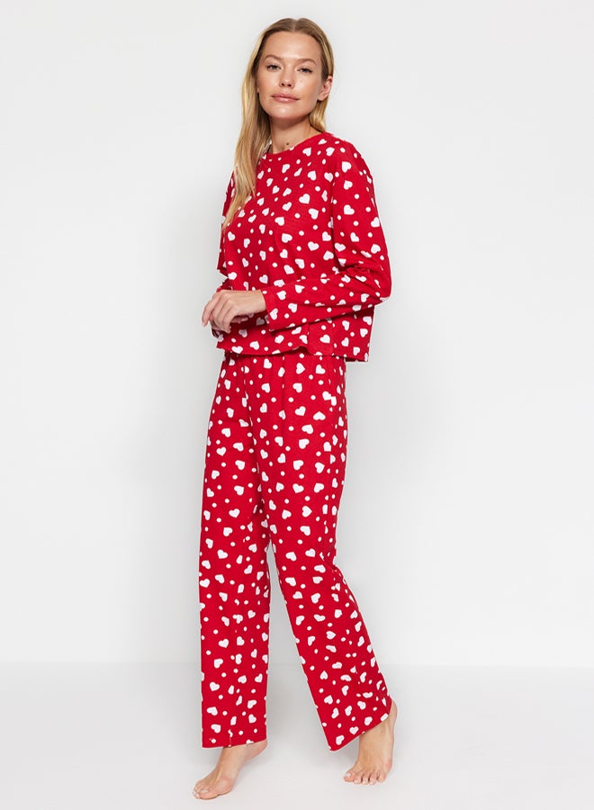 trendyol Red 100% Cotton Heart T-shirt-Pants Knitted Pajama Set - Image 1