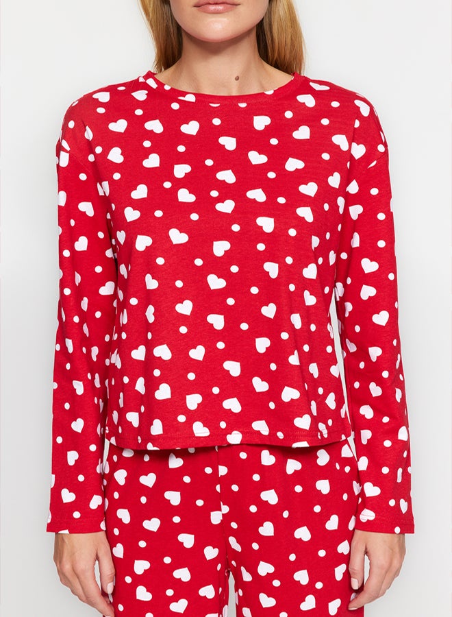 trendyol Red 100% Cotton Heart T-shirt-Pants Knitted Pajama Set - Image 4