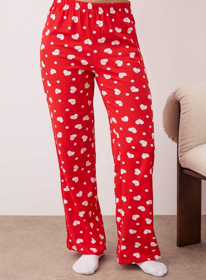 trendyol Red 100% Cotton Heart T-shirt-Pants Knitted Pajama Set - Image 3