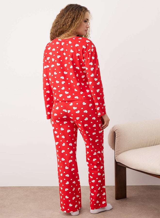 trendyol Red 100% Cotton Heart T-shirt-Pants Knitted Pajama Set - Image 4