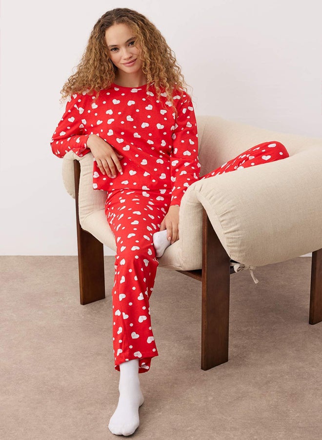 trendyol Red 100% Cotton Heart T-shirt-Pants Knitted Pajama Set - Image 1