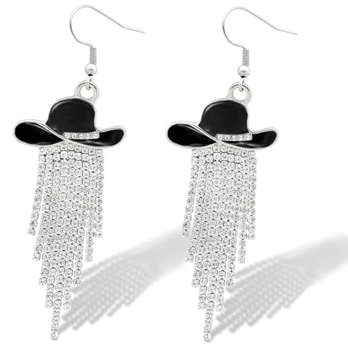 RechicGu Western Cowgirl Enamel Hat Sparkly Rhinestone Tassel Dangle Earrings Prom Country Concerts Cowboy Outfits Rodeo Jewelry Gift for Women,Black Hat… - Image 1