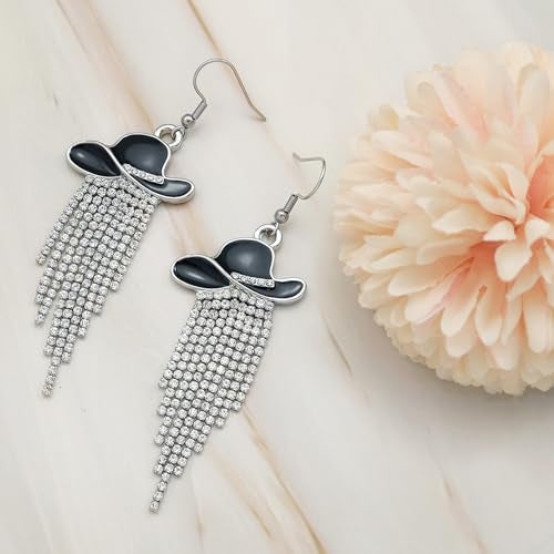 RechicGu Western Cowgirl Enamel Hat Sparkly Rhinestone Tassel Dangle Earrings Prom Country Concerts Cowboy Outfits Rodeo Jewelry Gift for Women,Black Hat… - Image 3