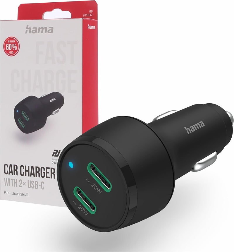 Hama 45W Dual USB-C Car Fast Charger PD, Quick Charge 3.0 Car Charger Adapter for iPhone, Samsung & Android, 2-Port Cigarette Lighter Charger with LED Indicator – Black