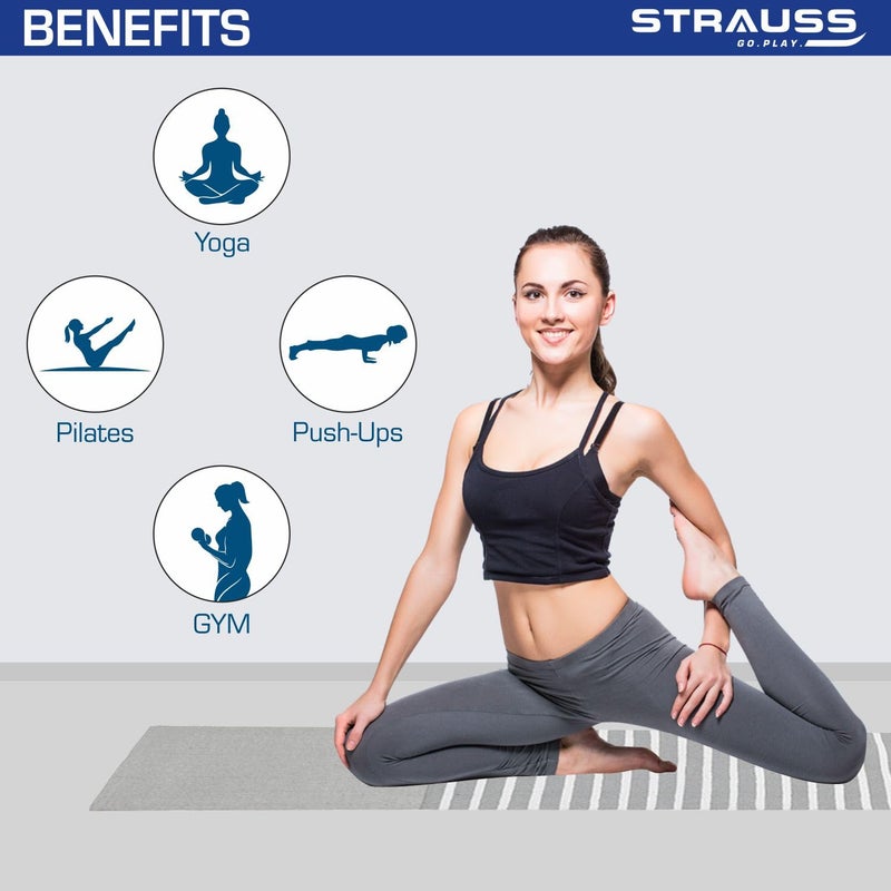 STRAUSS حصيرة يوغا قطنية للنساء والرجال | حصيرة تمارين للتمرين في المنزل، 100% قطن، حصيرة لياقة مضادة للانزلاق | قابلة للغسل، قابلة للتنفس، تمتص العرق ومواد صديقة للبيئة - 6 مم (رمادي وأبيض) - Image 3