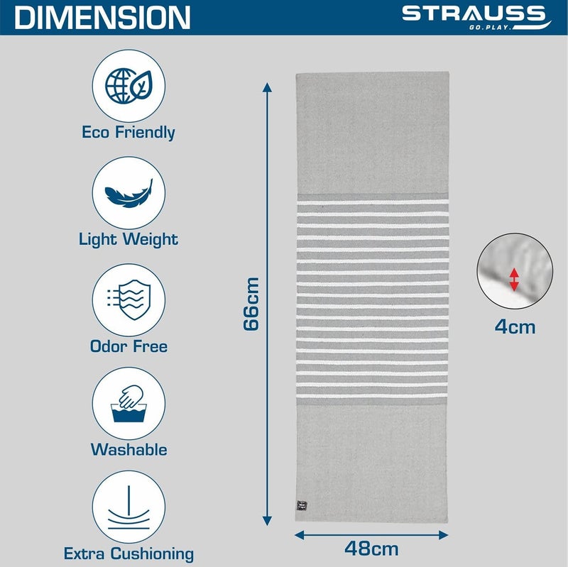 STRAUSS حصيرة يوغا قطنية للنساء والرجال | حصيرة تمارين للتمرين في المنزل، 100% قطن، حصيرة لياقة مضادة للانزلاق | قابلة للغسل، قابلة للتنفس، تمتص العرق ومواد صديقة للبيئة - 6 مم (رمادي وأبيض) - Image 4