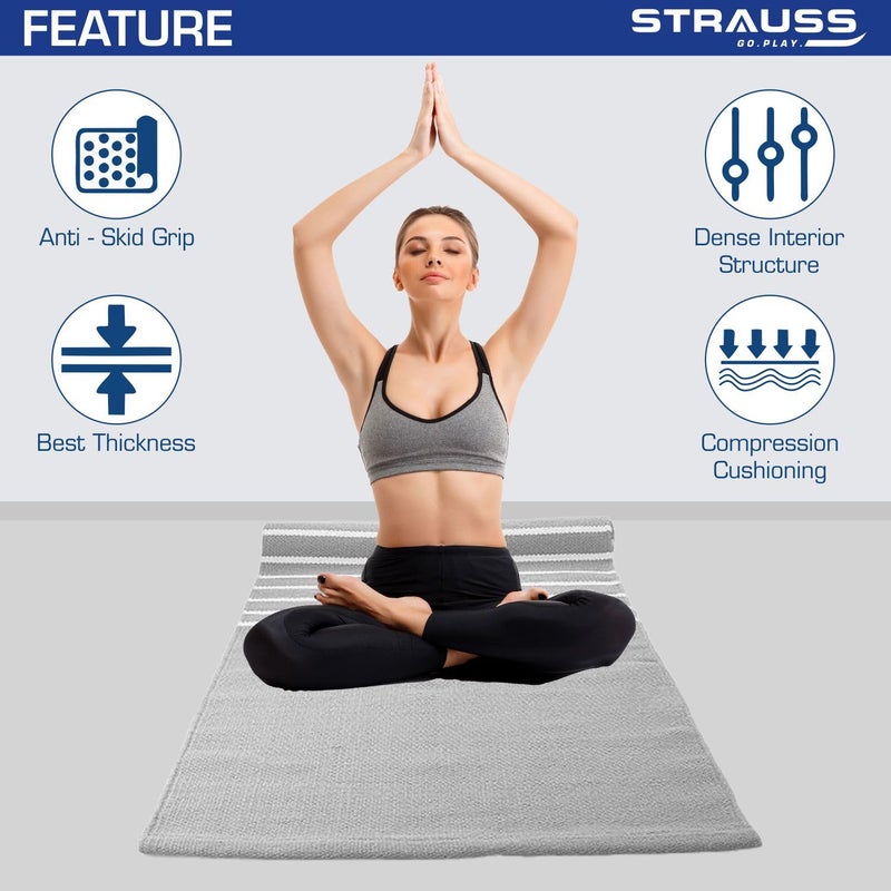 STRAUSS حصيرة يوغا قطنية للنساء والرجال | حصيرة تمارين للتمرين في المنزل، 100% قطن، حصيرة لياقة مضادة للانزلاق | قابلة للغسل، قابلة للتنفس، تمتص العرق ومواد صديقة للبيئة - 6 مم (رمادي وأبيض) - Image 2