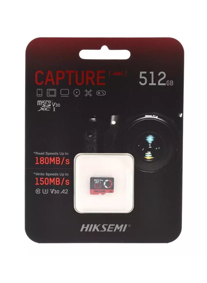 HIKSEMI 512GB Capture TF Card microSDXC Up to 180MBs read speed 150MBs write speed V30 Red - Image 1