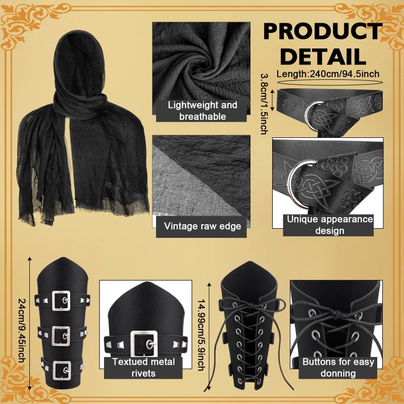 Fasouna 7 Pcs Men's Renaissance Costume Set Medieval Pirate Shirt Viking Shawl Belt Shoulder Armor Sword Bag for Halloween Cosplay - Image 2