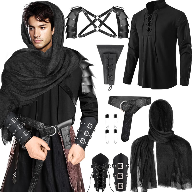 Fasouna 7 Pcs Men's Renaissance Costume Set Medieval Pirate Shirt Viking Shawl Belt Shoulder Armor Sword Bag for Halloween Cosplay - Image 1