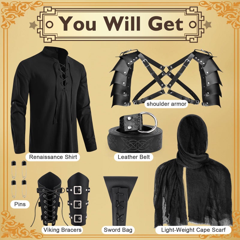 Fasouna 7 Pcs Men's Renaissance Costume Set Medieval Pirate Shirt Viking Shawl Belt Shoulder Armor Sword Bag for Halloween Cosplay - Image 5