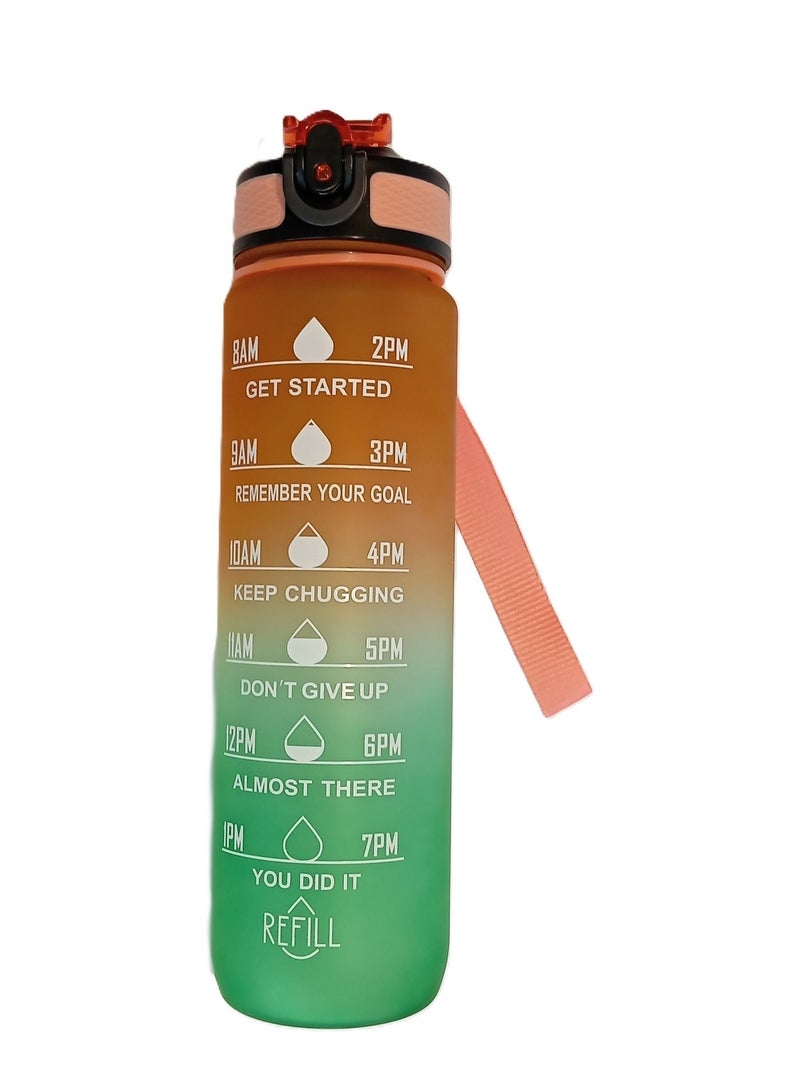 CAZADORA 1L Motivational Sport Water Bottle with Time Marker, Straw, and Leak-Proof Lid – BPA-Free Tritan Plastic – Ideal for Gym, Fitness, School, Office, and Outdoor Activities – Easy Carry Handle, Reusable & Durable Design – Inspiring Water Intake Reminder – Non-Toxic & Safe for Kids and Adults – Large Capacity Hydration Bottle for Daily Use – Stylish Dual-Tone Orange & Green Color for Trendy Lifestyle – Perfect for Running, Cycling, Hiking, and Sports – Odor-Free, Lightweight, and Easy to Clean – Encourages Healthy Hydration Habits – Suitable for Men, Women, and Children - Image 1