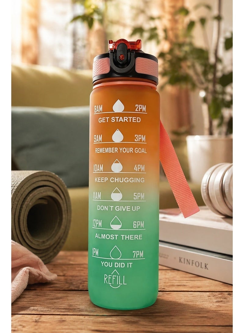 CAZADORA 1L Motivational Sport Water Bottle with Time Marker, Straw, and Leak-Proof Lid – BPA-Free Tritan Plastic – Ideal for Gym, Fitness, School, Office, and Outdoor Activities – Easy Carry Handle, Reusable & Durable Design – Inspiring Water Intake Reminder – Non-Toxic & Safe for Kids and Adults – Large Capacity Hydration Bottle for Daily Use – Stylish Dual-Tone Orange & Green Color for Trendy Lifestyle – Perfect for Running, Cycling, Hiking, and Sports – Odor-Free, Lightweight, and Easy to Clean – Encourages Healthy Hydration Habits – Suitable for Men, Women, and Children - Image 2