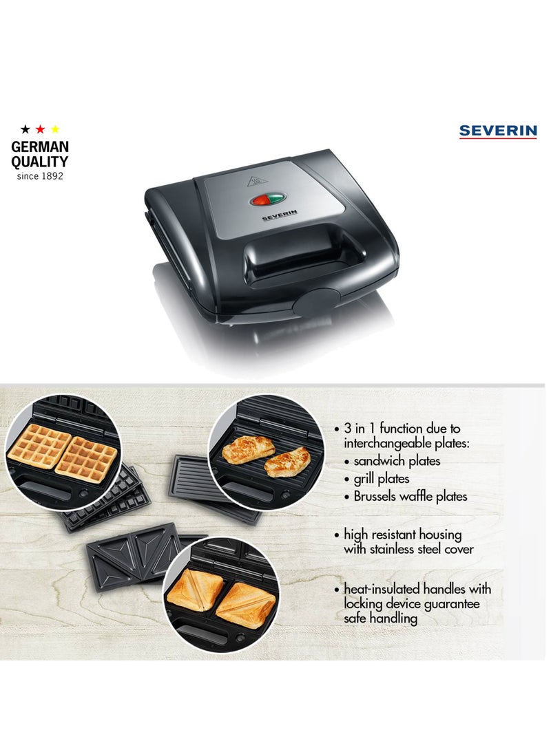 Severin - German Brand Severin 3 in 1 Multi Sandwich Waffle Toaster with 1000W of Power SA 2968 Black-Chrome - Image 1