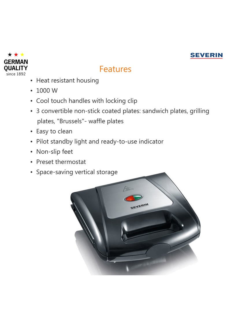 Severin - German Brand Severin 3 in 1 Multi Sandwich Waffle Toaster with 1000W of Power SA 2968 Black-Chrome - Image 1