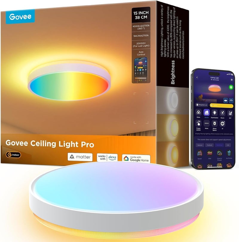 جوفي مصباح سقف Govee RGBIC LED، 38 سم مصباح سقف ذكي، 4300 لومن مصباح سقف LED قابل للتعتيم، 48.5 واط، يعمل مع Matter و Alexa و Google Assistant، إضاءة داخلية لغرفة المعيشة وغرفة النوم والمطبخ - Image 1