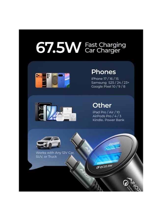 اينوب شاحن سيارة H78 بقوة 67.5 واط بمنفذ USB-C، يدعم الشحن السريع PD بقوة 45 واط، صغير الحجم، معدني، بمنفذين، محول ولاعة سجائر، متوافق مع أجهزة iPhone 17/16/15 Pro Max و Samsung Galaxy S26/S25 - Image 4