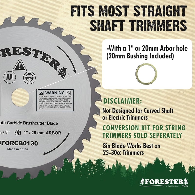 FORESTER Carbide Tip Brush Cutter Blade - 8in x 40 Teeth | Fits Most Straight Shaft Trimmers | Conversion Kit Sold Separately - Image 2