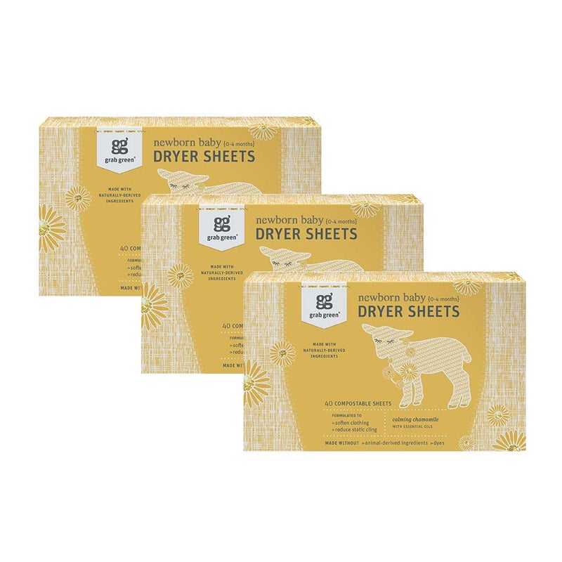 Grab Green Newborn Baby Dryer Sheets 120 Sheets Chamomile Scent Plant and Mineral Based Compostable Softens Clothing and Linens Reduces Static Cling
