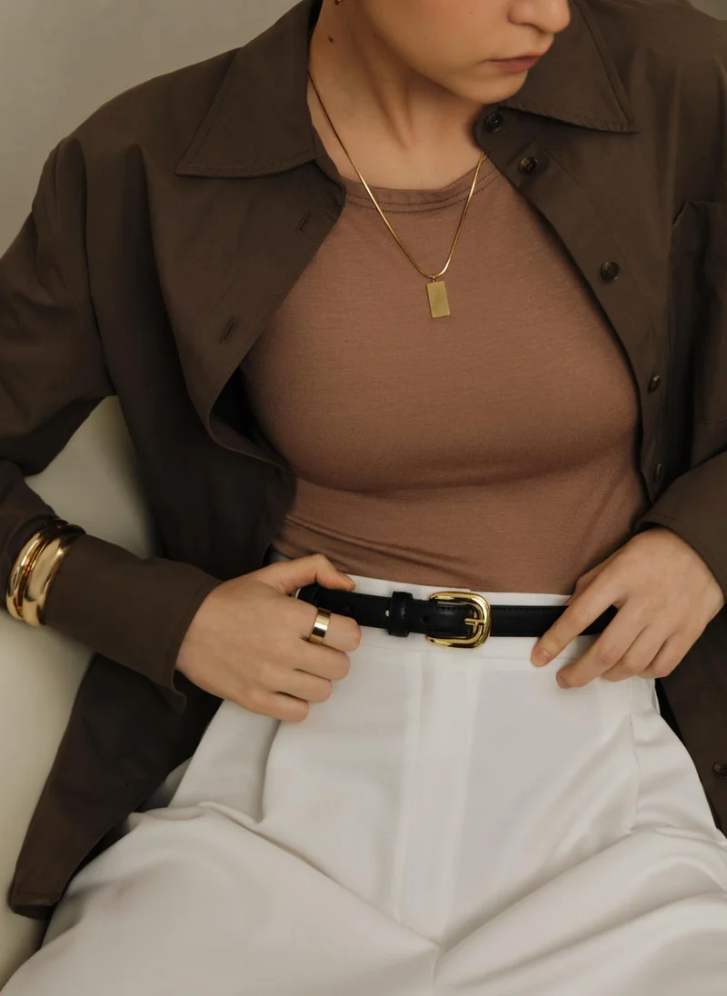 ليتشي حزام جلدي صديق للبيئة رفيع مع مشبك ذهبي