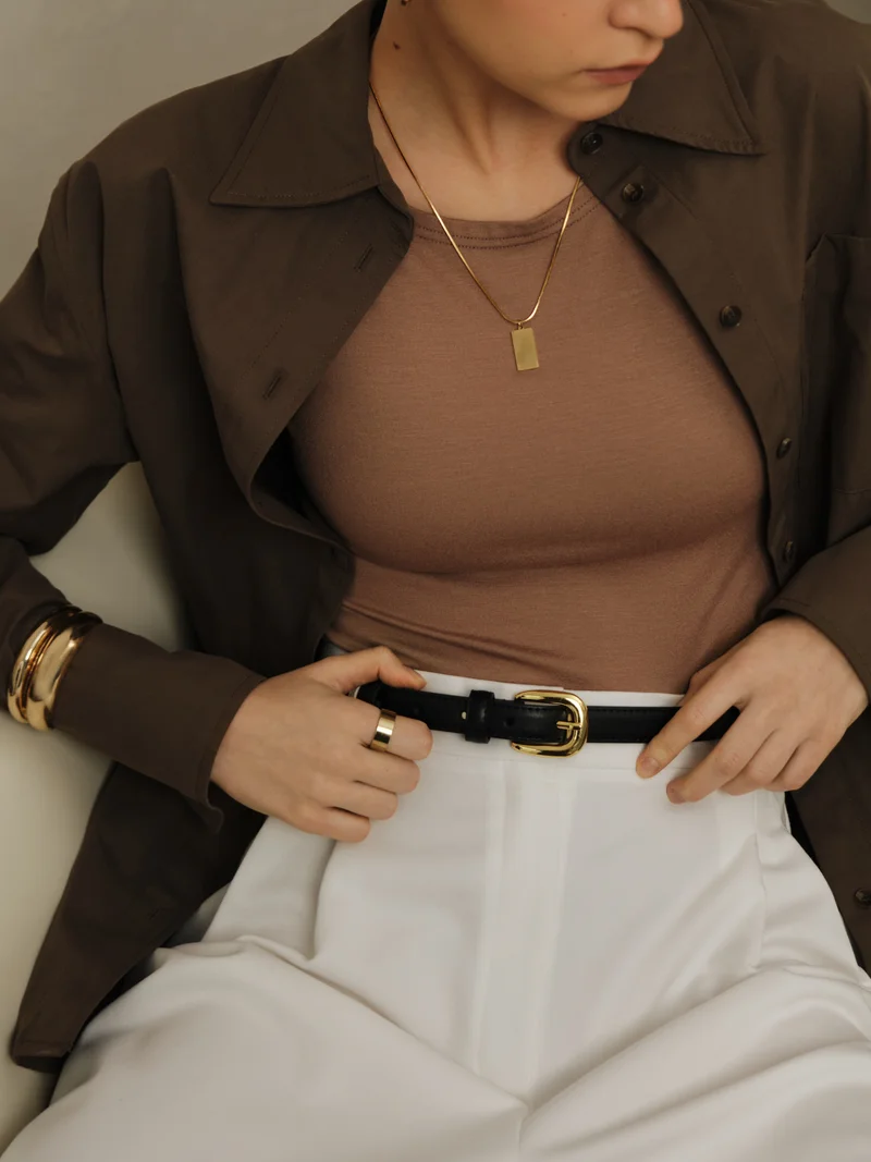 ليتشي حزام جلدي صديق للبيئة رفيع مع مشبك ذهبي