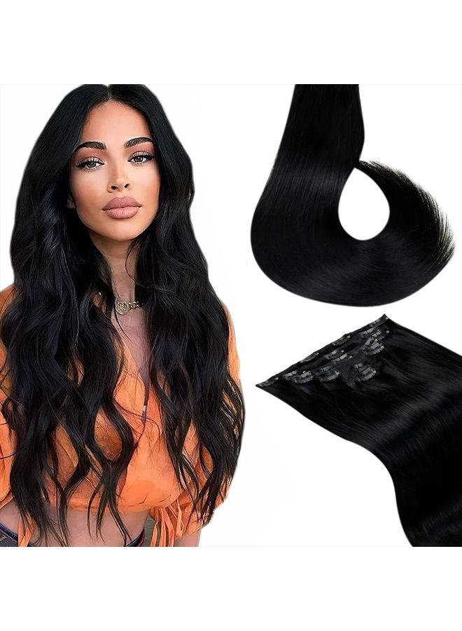 LaaVoo Clip in Hair Extensions Human Hair Jet Black 16 inch Natural Clip in Real Human Hair Extensions for Black Women Silky Straigt Thick Ends Full Head Set 7Pcs 120gram - Image 1