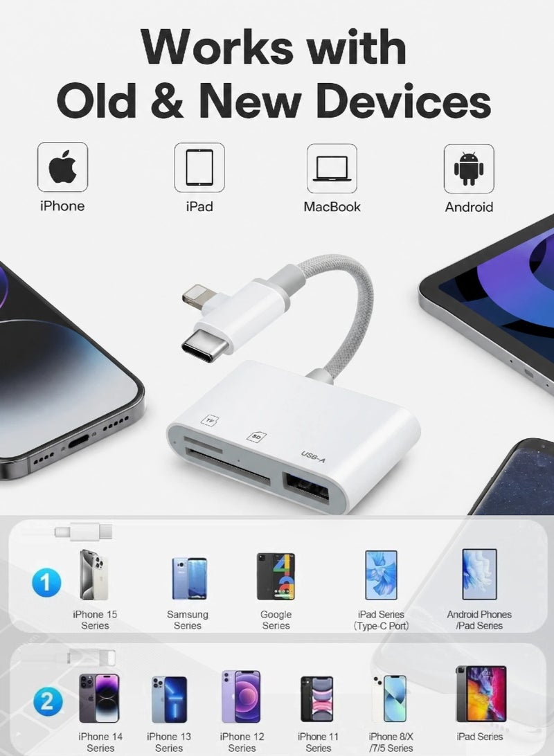 Aura Select Card Reader Dual Port 3-in-2 | USB-C&Lightning, SD/TF Slots + USB-A Hub, Support Simultaneous Dual Card Reading, 30MB/s Plug & Play for iPhone , iPad, MacBook, Android, Ideal for Backup & Mobile Office( Durable Nylon Braided White) - Image 2