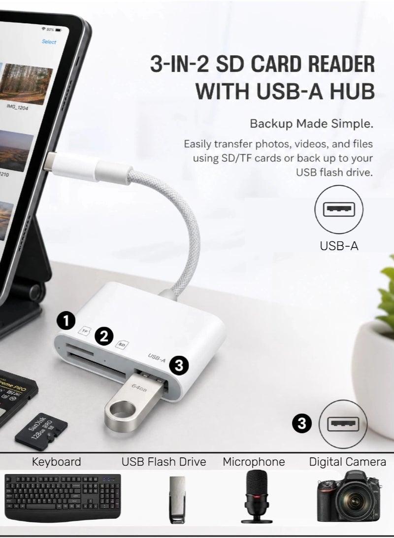 Aura Select Card Reader Dual Port 3-in-2 | USB-C&Lightning, SD/TF Slots + USB-A Hub, Support Simultaneous Dual Card Reading, 30MB/s Plug & Play for iPhone , iPad, MacBook, Android, Ideal for Backup & Mobile Office( Durable Nylon Braided White) - Image 4