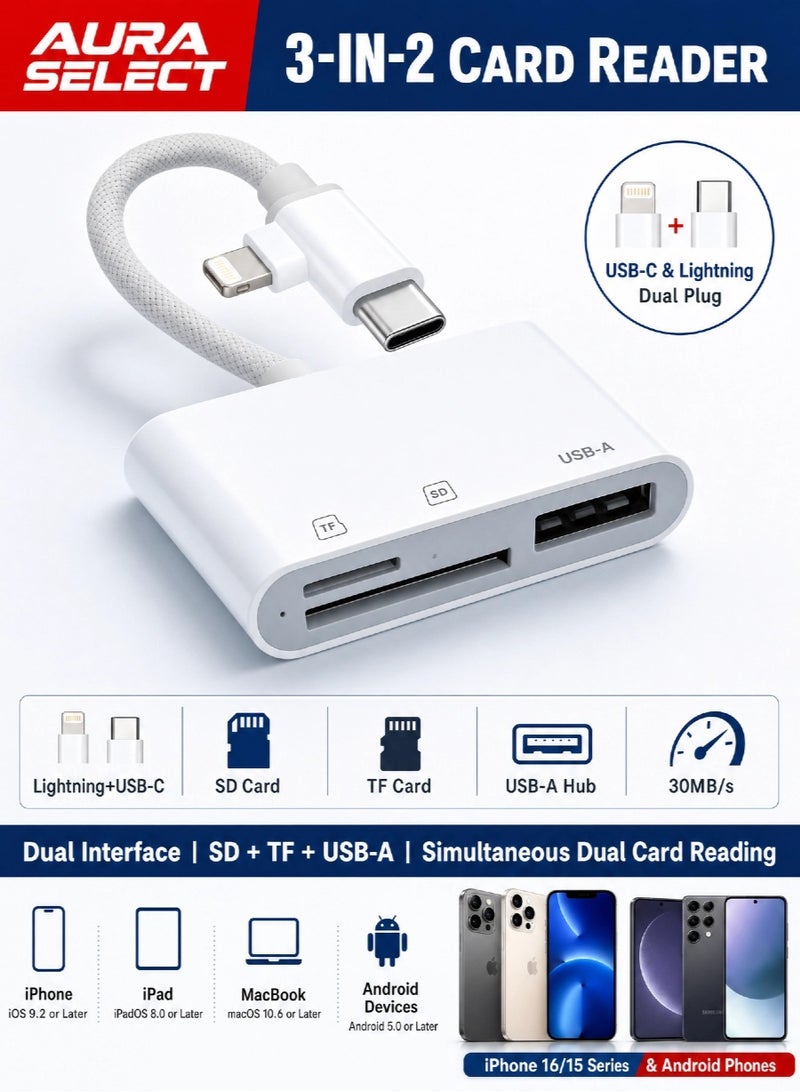 Aura Select Card Reader Dual Port 3-in-2 | USB-C&Lightning, SD/TF Slots + USB-A Hub, Support Simultaneous Dual Card Reading, 30MB/s Plug & Play for iPhone , iPad, MacBook, Android, Ideal for Backup & Mobile Office( Durable Nylon Braided White) - Image 1