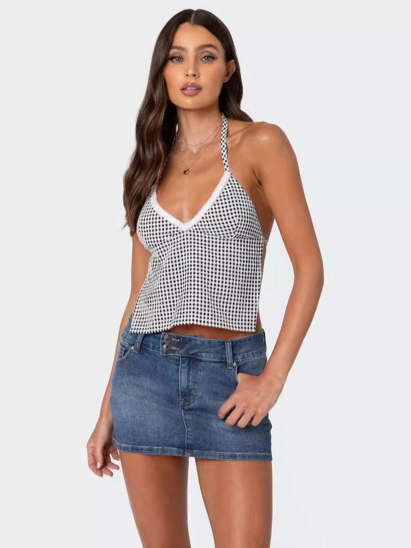 Summer Girl Strap Women'S Lace-Up Backless Plaid Suspenders - Image 3