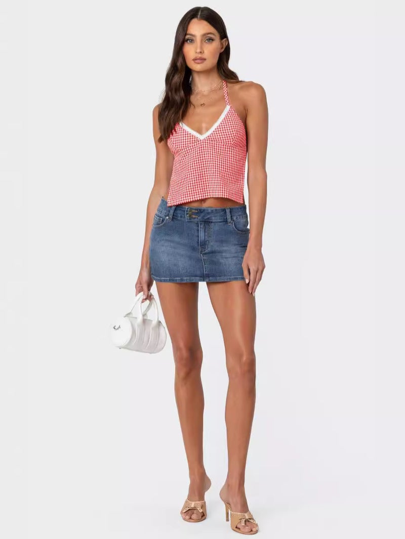 Summer Girl Strap Women'S Lace-Up Backless Plaid Suspenders - Image 2