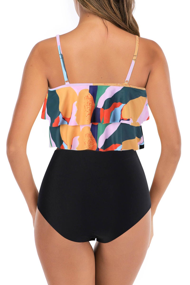 Adisputent Womens High Waisted Bathing Suits Flounce Halter Tank Top Bikini Bottoms Tummy Control Modest Swimwear Two Piece Swimsuits Tankini Colorful Print L - Image 2