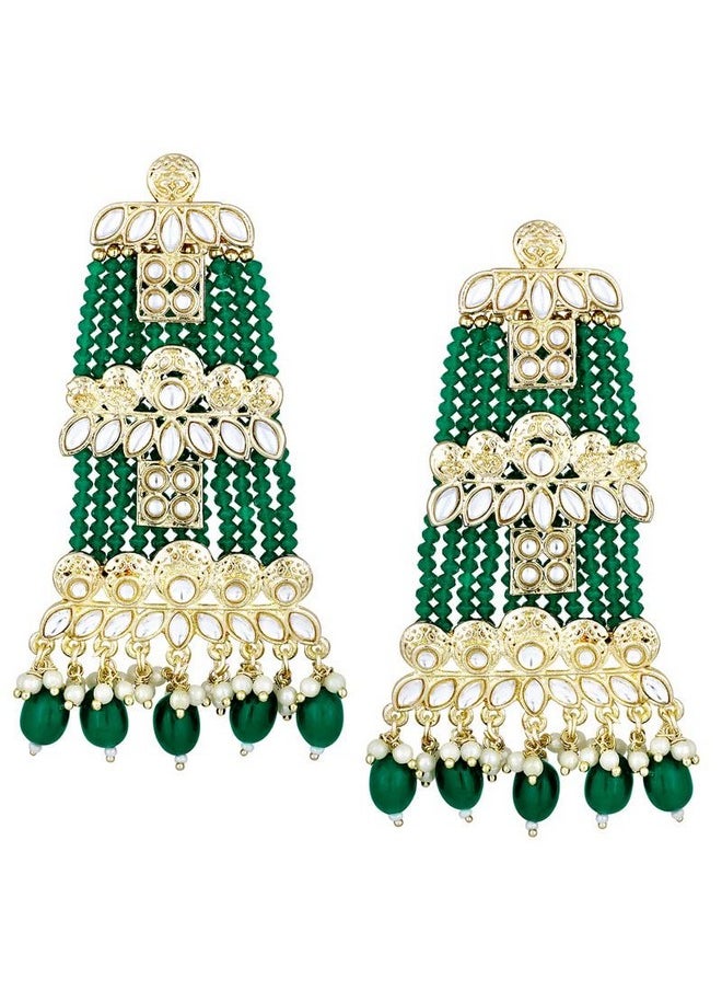Aheli Traditional Green Beads Kundan Studded Drop Dangle Earrings Ethnic Fashion Jewelry For Women & Girls  - Image 1