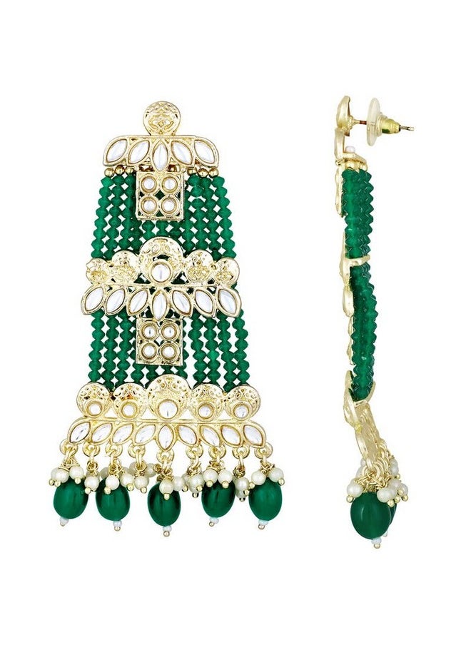 Aheli Traditional Green Beads Kundan Studded Drop Dangle Earrings Ethnic Fashion Jewelry For Women & Girls  - Image 4