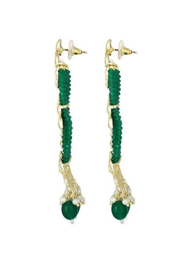 Aheli Traditional Green Beads Kundan Studded Drop Dangle Earrings Ethnic Fashion Jewelry For Women & Girls  - Image 3