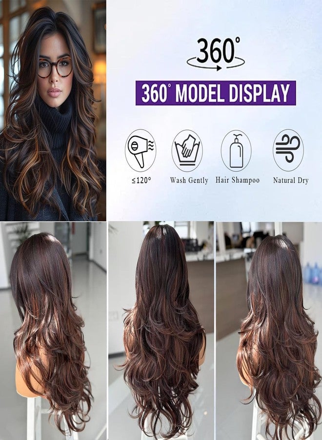 Aisaide Long Wavy Highlight Brown Layered Wig with Curtain Bangs for Black Women Synthetic Ombre Brown Layered Wig Long Wavy Highlight Blonde Shaggy for Women 24 inch - Image 5