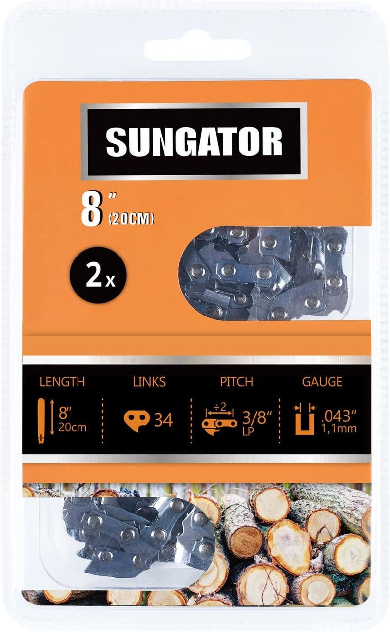 SUNGATOR 2-Pack 8 Inch Chainsaw Chain SG-R34, 3/8" LP Pitch - .043" Gauge - 34 Drive Links, Compatible with Poulan, Remington and More - Image 1