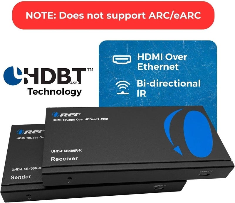 OREI 4K HDMI over Ethernet Extender Balun - HDBaseT UltraHD 4K @ 60Hz 4:4:4 CAT5e/6/7 Cable with HDR, CEC & IR Control, RS-232 Up to 400 Ft Loop Out POC Audio Out (UHD-EXB400R-K) - Image 2