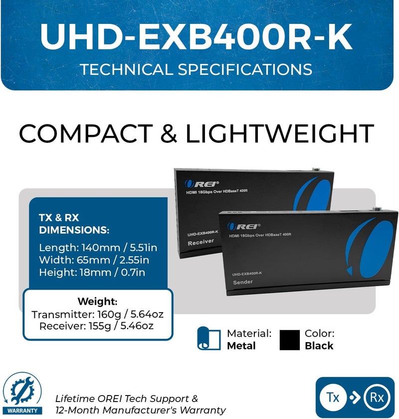 OREI 4K HDMI over Ethernet Extender Balun - HDBaseT UltraHD 4K @ 60Hz 4:4:4 CAT5e/6/7 Cable with HDR, CEC & IR Control, RS-232 Up to 400 Ft Loop Out POC Audio Out (UHD-EXB400R-K) - Image 5