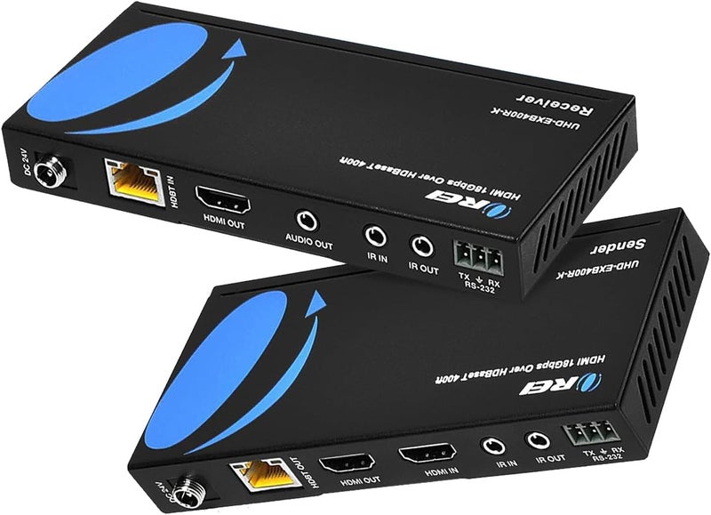 OREI 4K HDMI over Ethernet Extender Balun - HDBaseT UltraHD 4K @ 60Hz 4:4:4 CAT5e/6/7 Cable with HDR, CEC & IR Control, RS-232 Up to 400 Ft Loop Out POC Audio Out (UHD-EXB400R-K) - Image 1