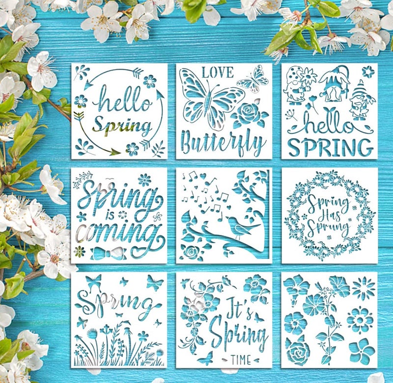 Hying 9PCS Large Spring Stencils for Painting on Wood, Wall, Fabric - Words, Flowers, Wreath, Birds, Gnomes Templates for DIY Home Decorations, Paint Wood Signs - Reusable Plastic - Image 1