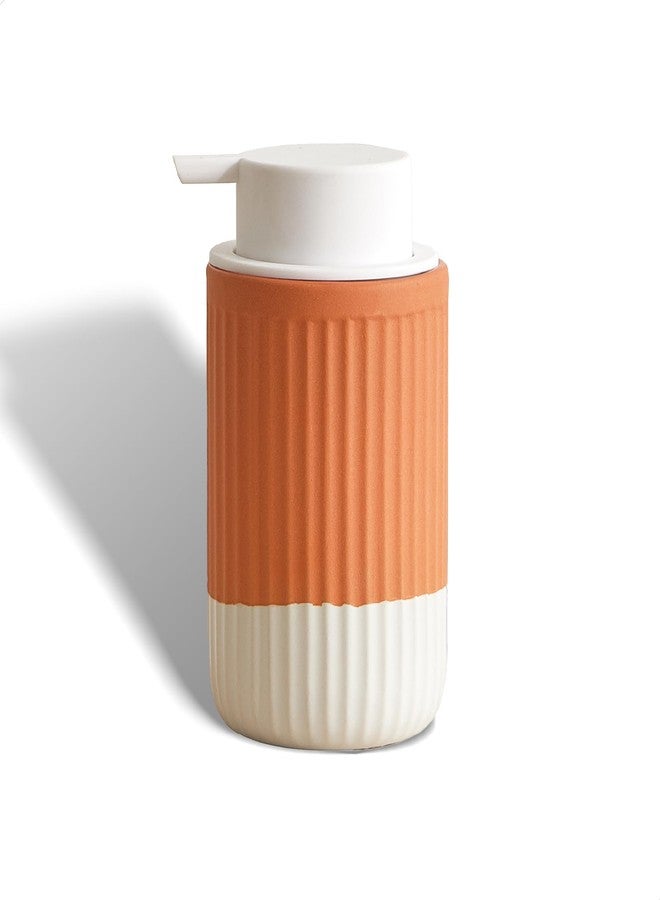 ABBI NIMO Hand Dipped Terracotta Ceramic Foam Soap Dispenser, 12 oz Rippled Bubble-Up Bottle with White Silicone Pump, Refillable Orange Hand Soap Dispenser for Bathroom - Image 1