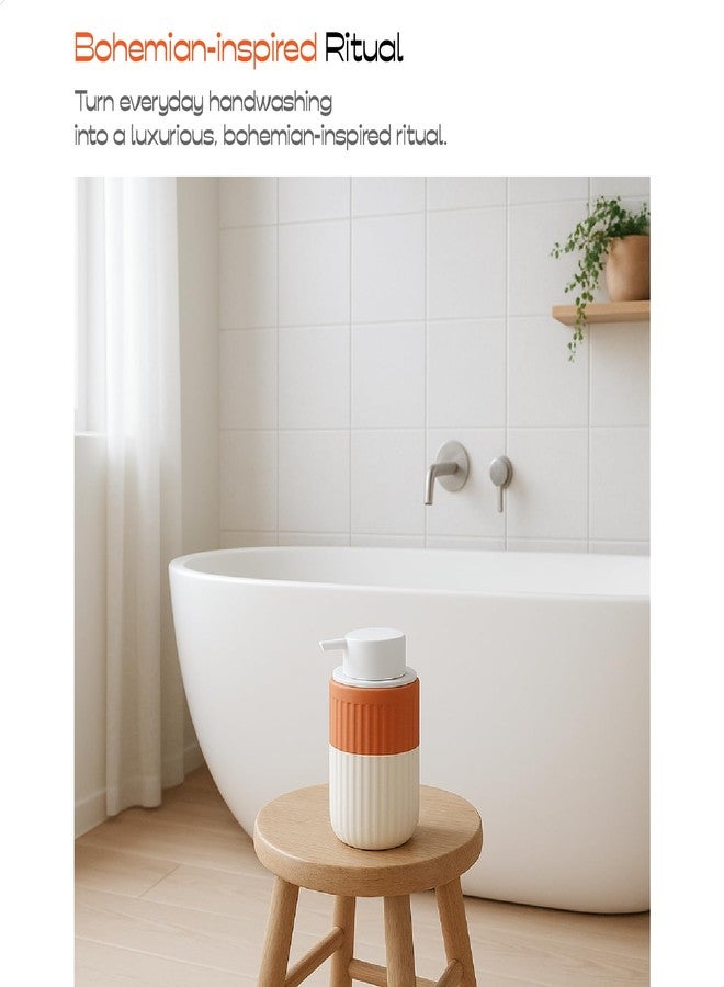 ABBI NIMO Hand Dipped Terracotta Ceramic Foam Soap Dispenser, 12 oz Rippled Bubble-Up Bottle with White Silicone Pump, Refillable Orange Hand Soap Dispenser for Bathroom - Image 4