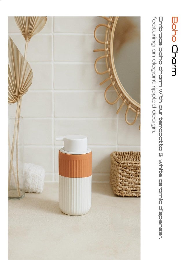 ABBI NIMO Hand Dipped Terracotta Ceramic Foam Soap Dispenser, 12 oz Rippled Bubble-Up Bottle with White Silicone Pump, Refillable Orange Hand Soap Dispenser for Bathroom - Image 2