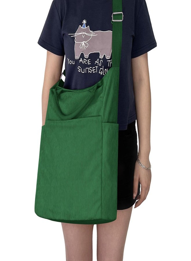 Beurlike Corduroy Tote Bag for Women Large Crossbody Hobo Bags Casual Messenger Shoulder Handbag for Shopping Work(Green) - Image 2