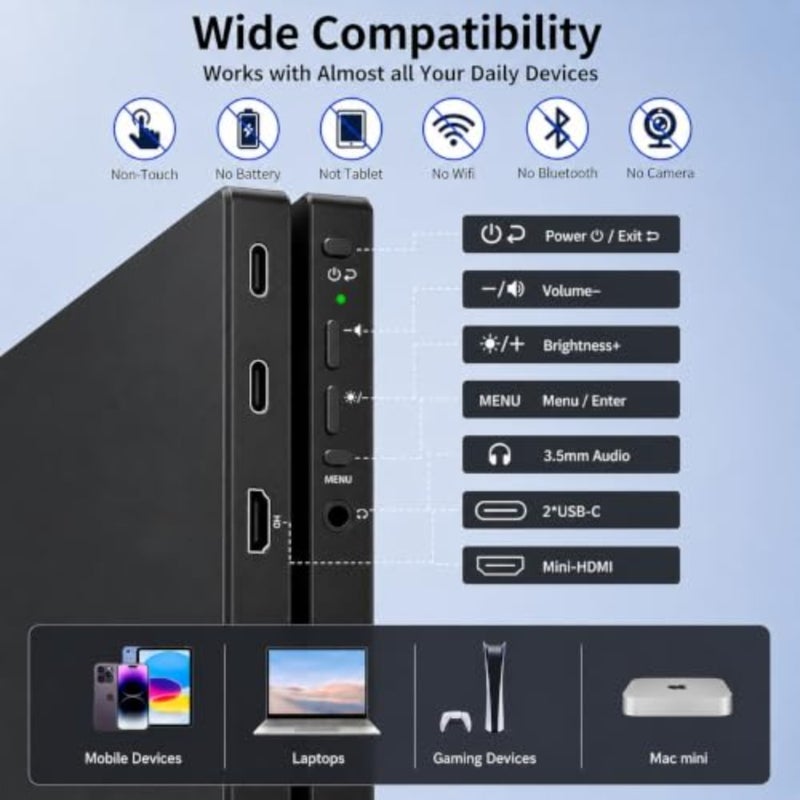 Portable Monitor 15.6, 8K UHD 7680×4320 IPS Display, 72 RGB, Built-in Speakers, USB-C Type-C, Compatible with iPhone, PC, Laptop, MacBook, Xbox, Laptop Extended Screen, - Image 3