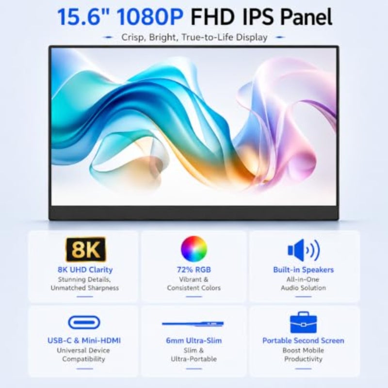 Portable Monitor 15.6, 8K UHD 7680×4320 IPS Display, 72 RGB, Built-in Speakers, USB-C Type-C, Compatible with iPhone, PC, Laptop, MacBook, Xbox, Laptop Extended Screen, - Image 2