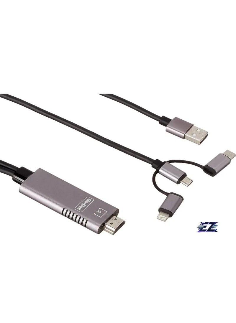 3-in-1 HDMI Cable Adapter – Lightning, Micro USB & USB-C to HDMI, 4K Ultra HD, Plug & Play, Charging While Displaying, Compatible with Android & iOS Devices